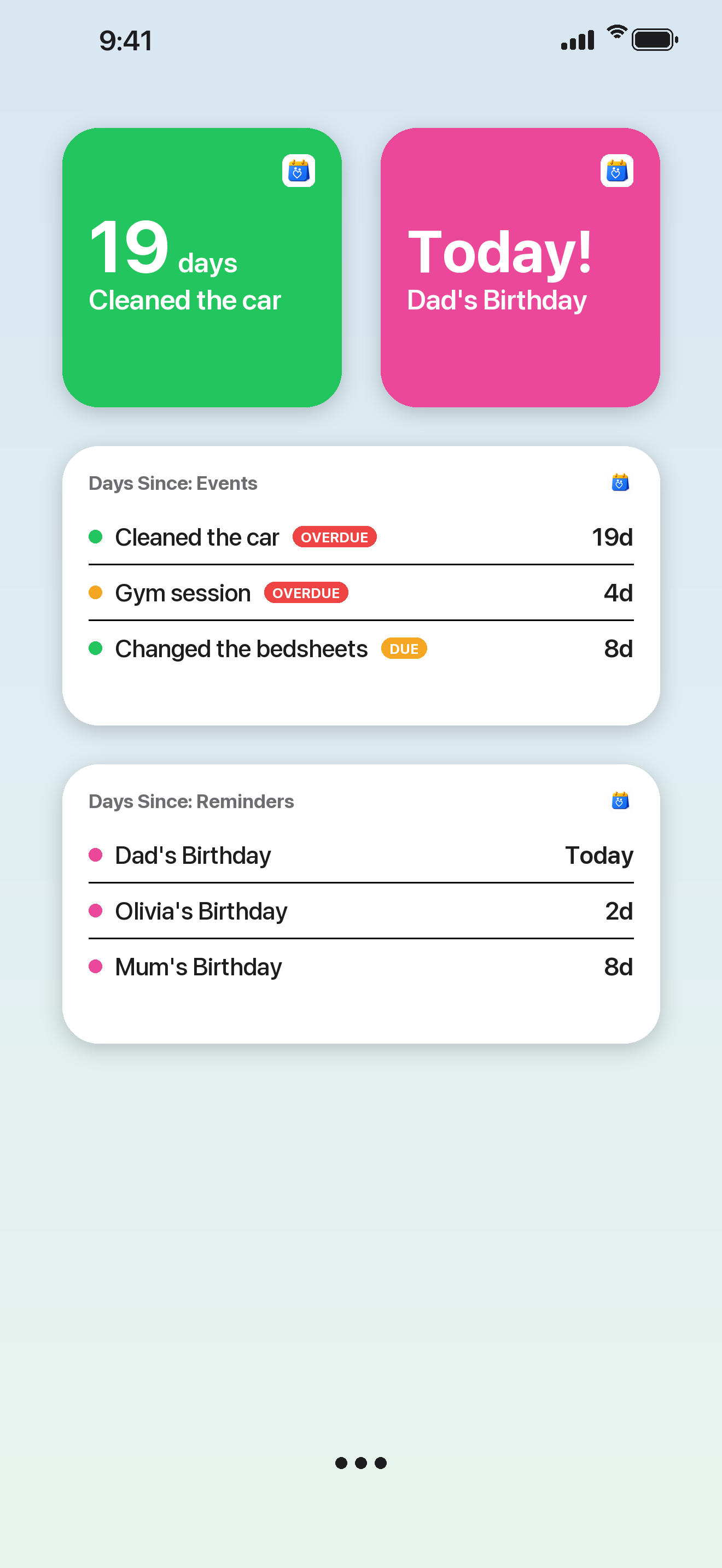 Days Since Home Screen widgets — countdown widgets for an event and a birthday, plus events overview and upcoming reminders widgets